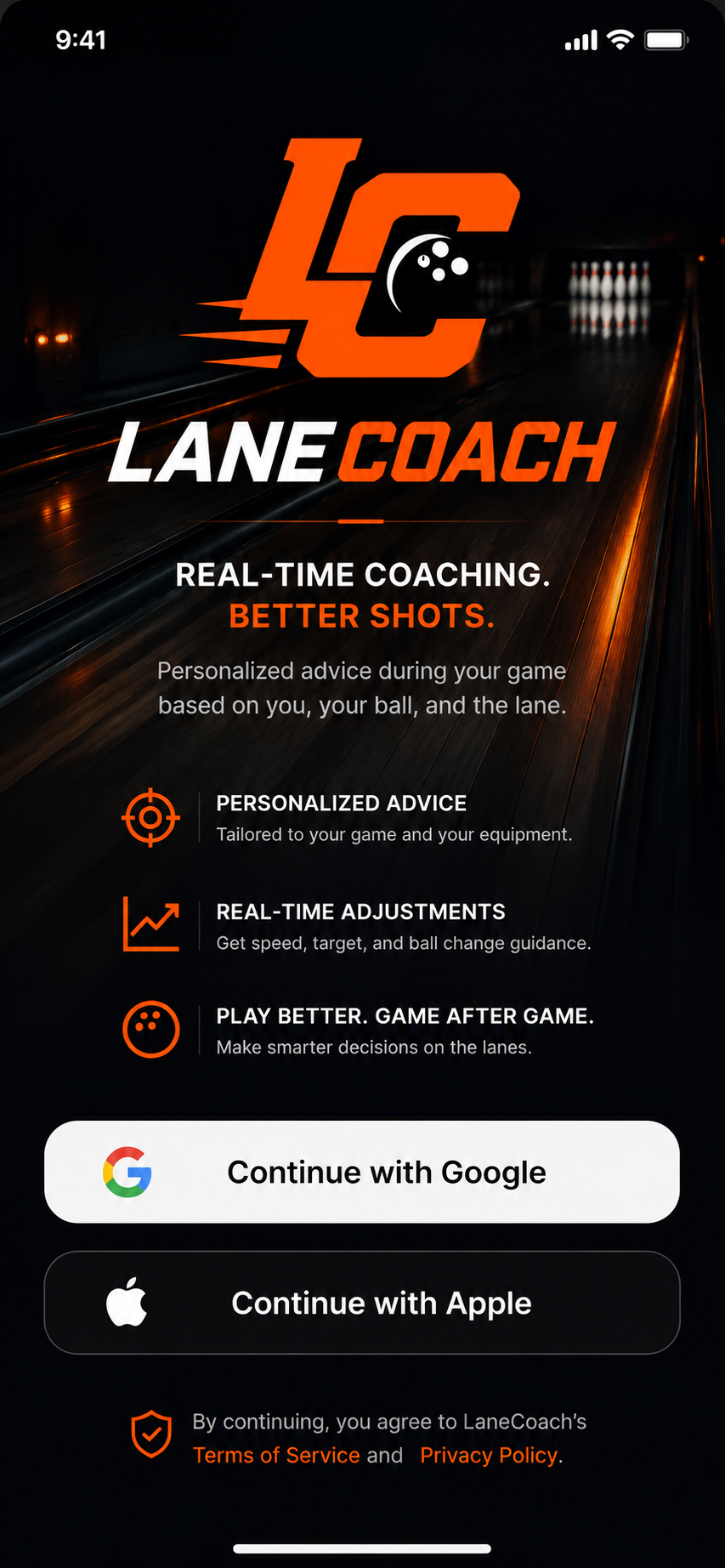 LaneCoach mobile login screen showing personalized bowling coaching features